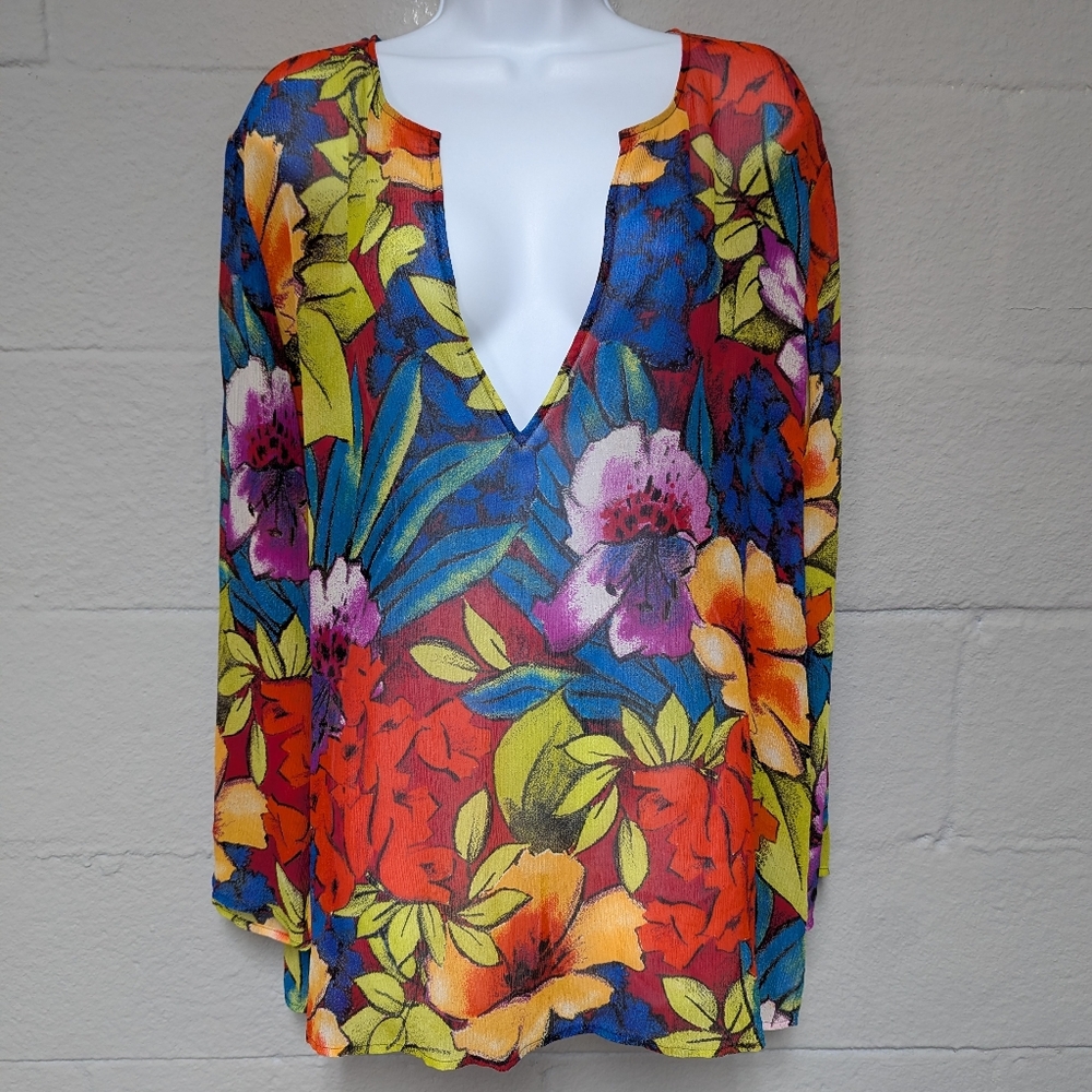 NWT Chicos 100% Silk Kailey Tunic Size XL Festive Floral Deep V Neck Shirt